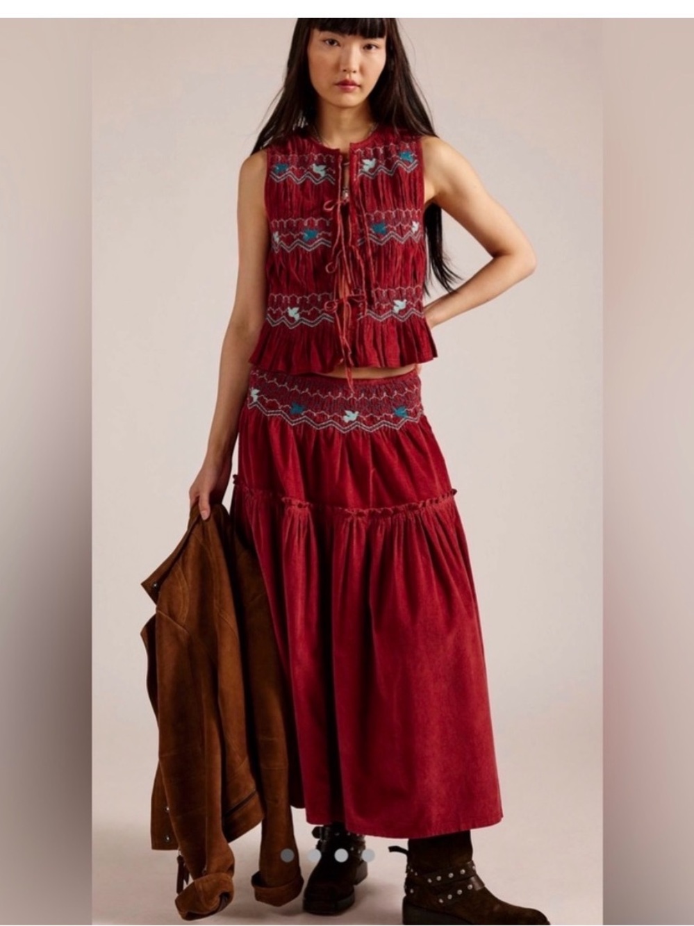 FREE PEOPLE Embroidered TERRACOTA Maxi Skirt and Vest set.